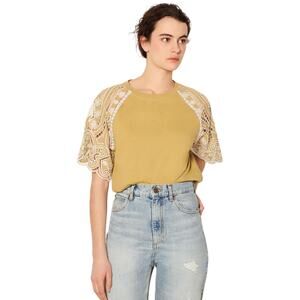 Sandro Paris Embroidered Sleeve Classic Tee T-Shirt Mustard White 3 US Large